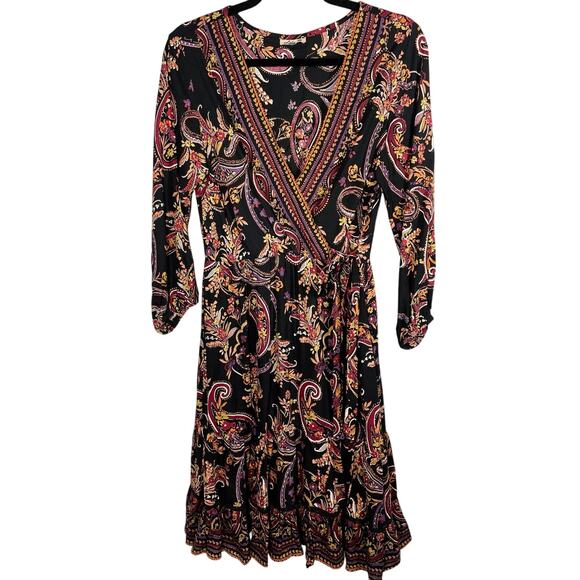Lola B, Size Small, Brown & Orange Boho Maxi Dress, Paisley, Wrap, Crochet Trim - Picture 1 of 6